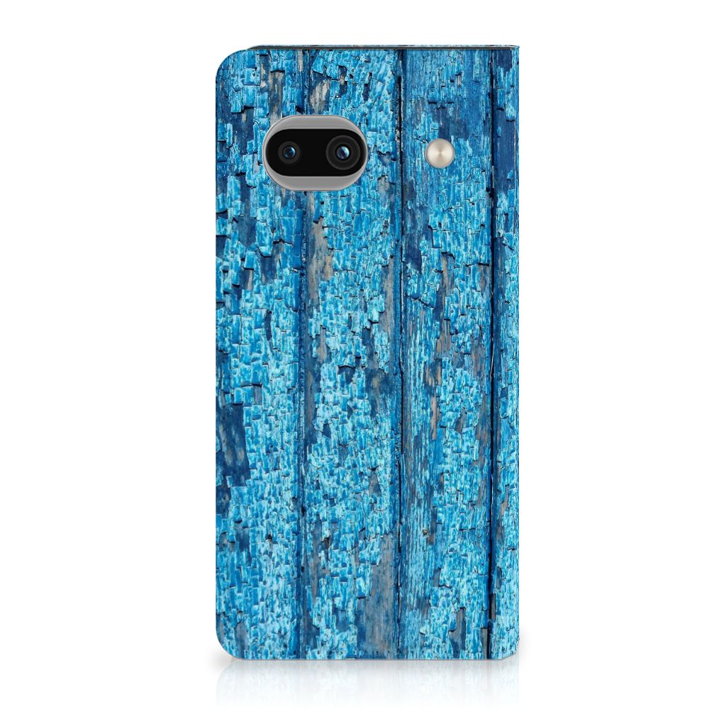 Google Pixel 7A Book Wallet Case Wood Blue blauw hout design vooraanzicht