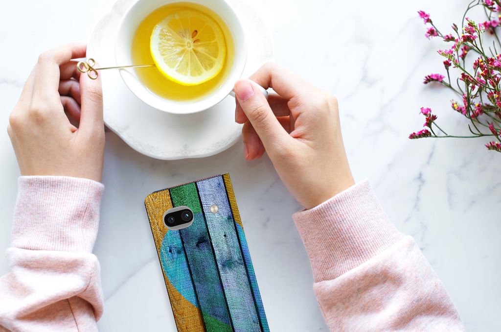 Google Pixel 7A Book Wallet Case Wood Heart handen kopje thee