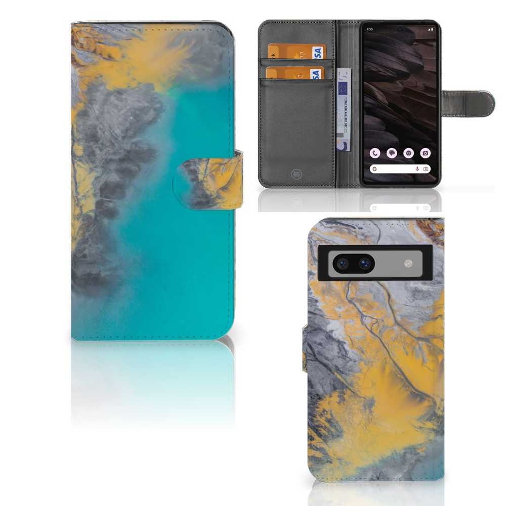 Google Pixel 7A Bookcase Marble Blue Gold buitenkant binnenkant aanzicht