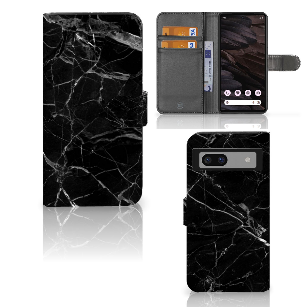 Google Pixel 7A Bookcase Marmer Zwart - Origineel Cadeau Vader met artistiek design en ruimte voor pasjes.