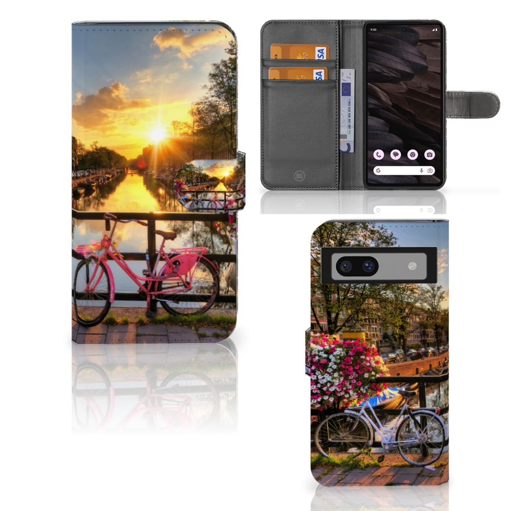 Google Pixel 7A Flip Cover Amsterdamse Grachten met fiets en bloemen, ideaal als cadeau voor bescherming en uitstraling 🌷.