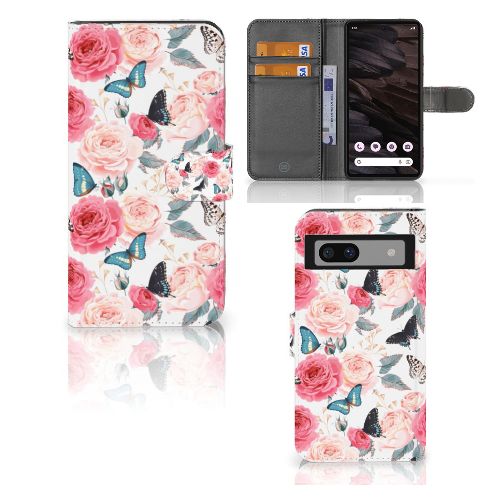 Google Pixel 7A Hoesje Butterfly Roses bookhoesje rozen vlinders aanzicht