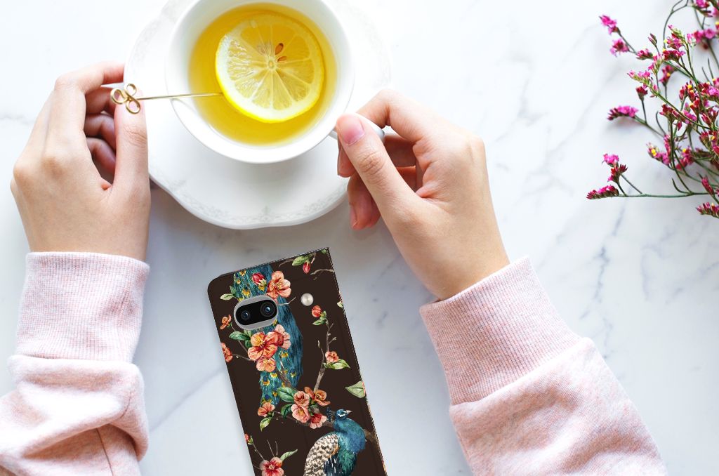 Google Pixel 7A Hoesje maken Pauw met Bloemen design bloemen pauw aanzicht