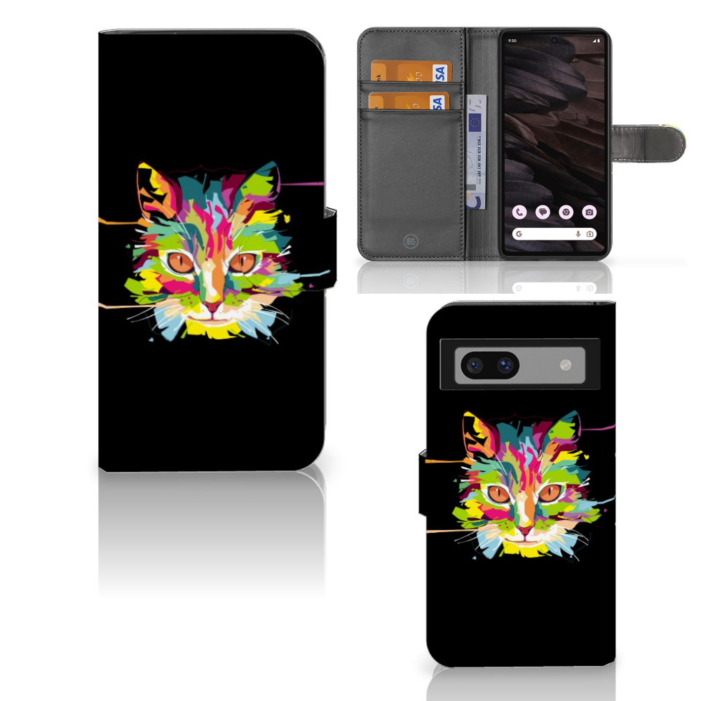 Google Pixel 7A Leuk Hoesje Cat Color kleurrijke kat voor en binnenkant