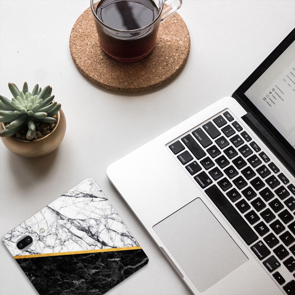 Google Pixel 7A Standcase Marmer Wit Zwart Design hoesje aanzicht