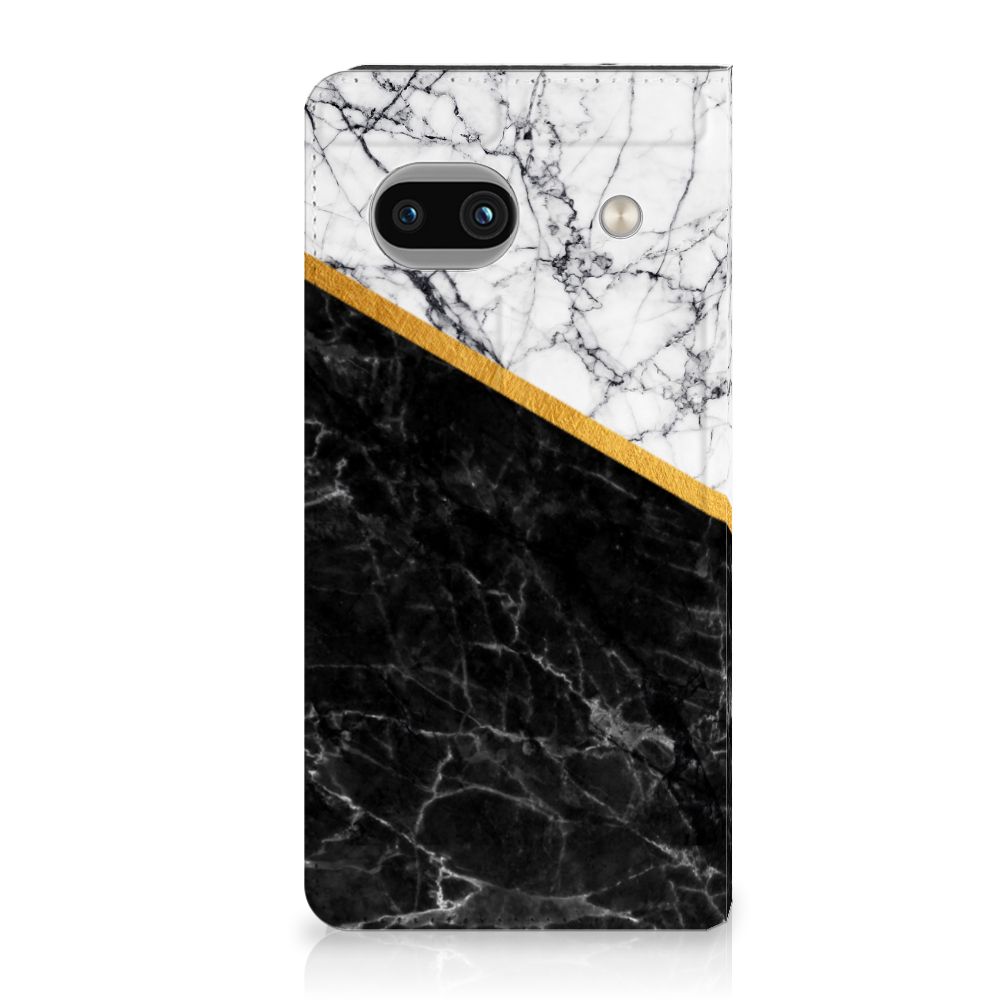 Google Pixel 7A Standcase Marmer Wit Zwart design marmer aanzicht