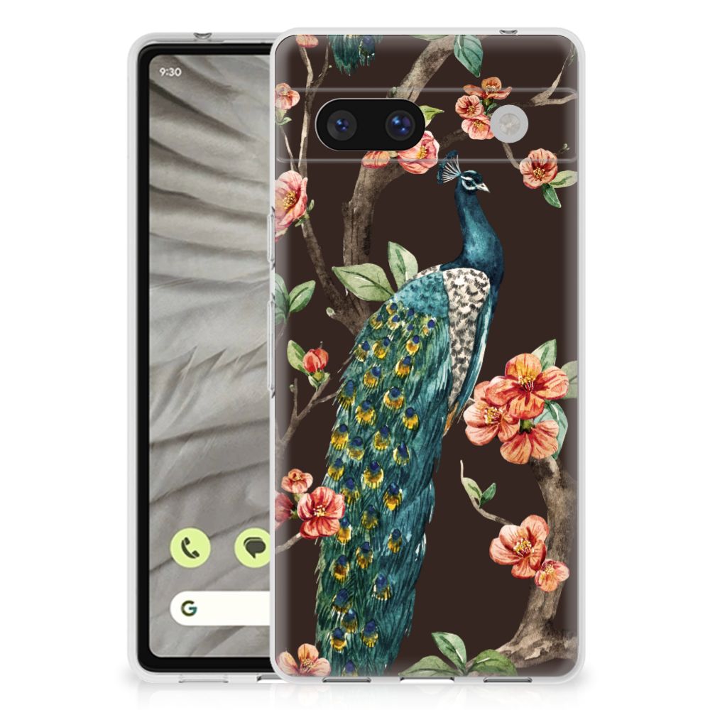 Google Pixel 7A TPU Hoesje Pauw met Bloemen pauw bloemen print voorkant