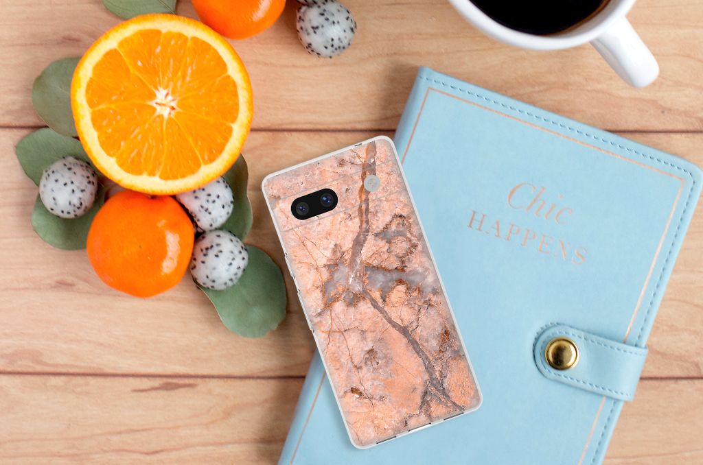 Google Pixel 7A TPU Siliconen Hoesje Marmer Oranje B2C Telecom