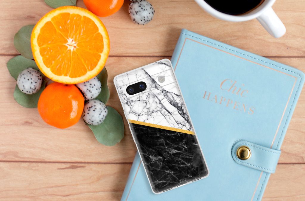 Google Pixel 7A TPU Siliconen Hoesje Marmer Wit Zwart - Origineel Cadeau Man B2C Telecom