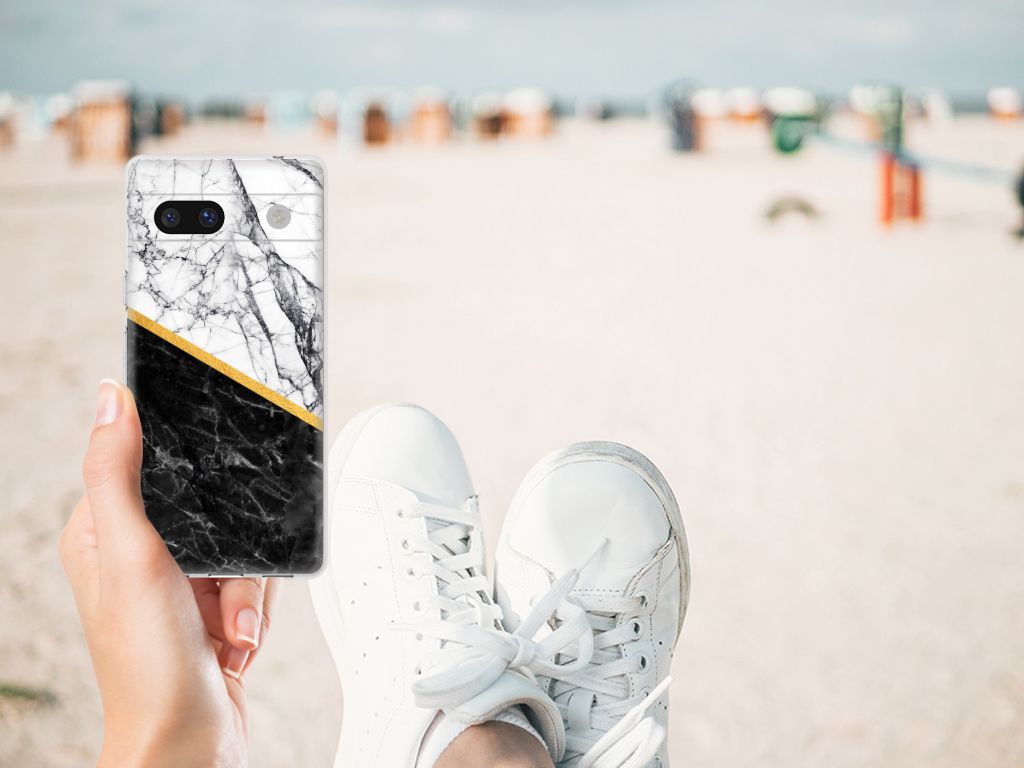 Google Pixel 7A TPU Siliconen Hoesje Marmer Wit Zwart - Origineel Cadeau Man B2C Telecom