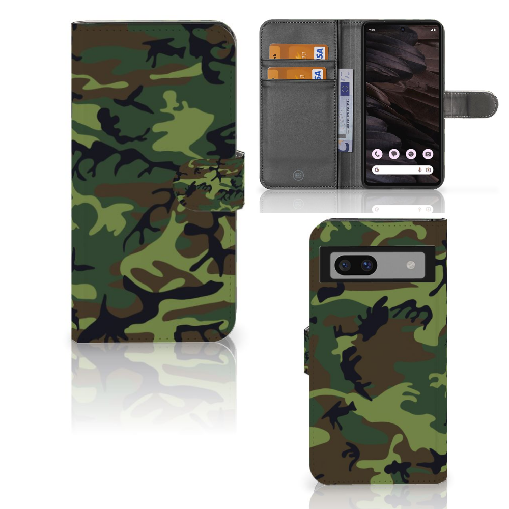 Google Pixel 7A Telefoon Hoesje Army Dark boekhoesje camouflagedesign vooraanzicht en binnenkant