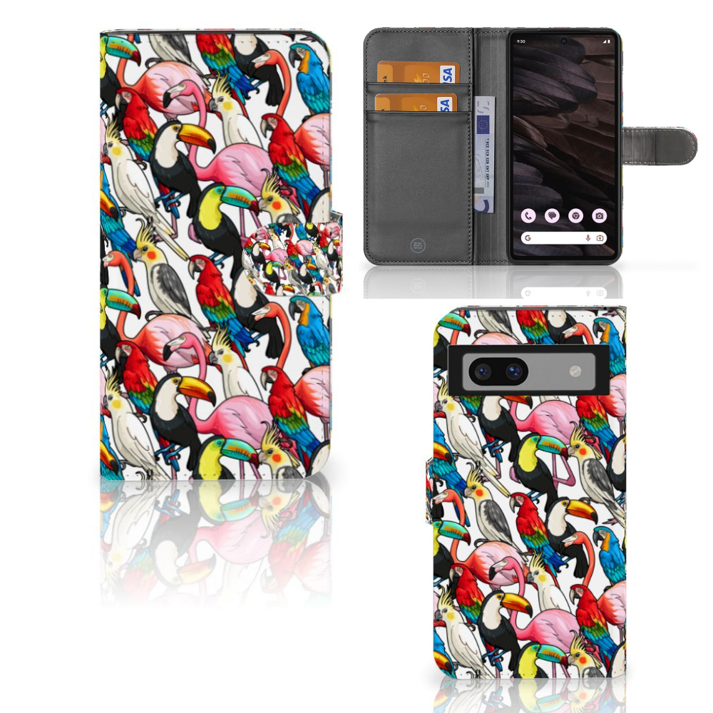 Google Pixel 7A Telefoonhoesje met Pasjes Birds telefoontas design vogels voorkant en binnenkant