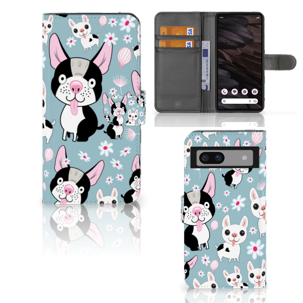 Google Pixel 7A Telefoonhoesje met Pasjes Hondjes telefoonhoesje cartoon hondjes aanzicht