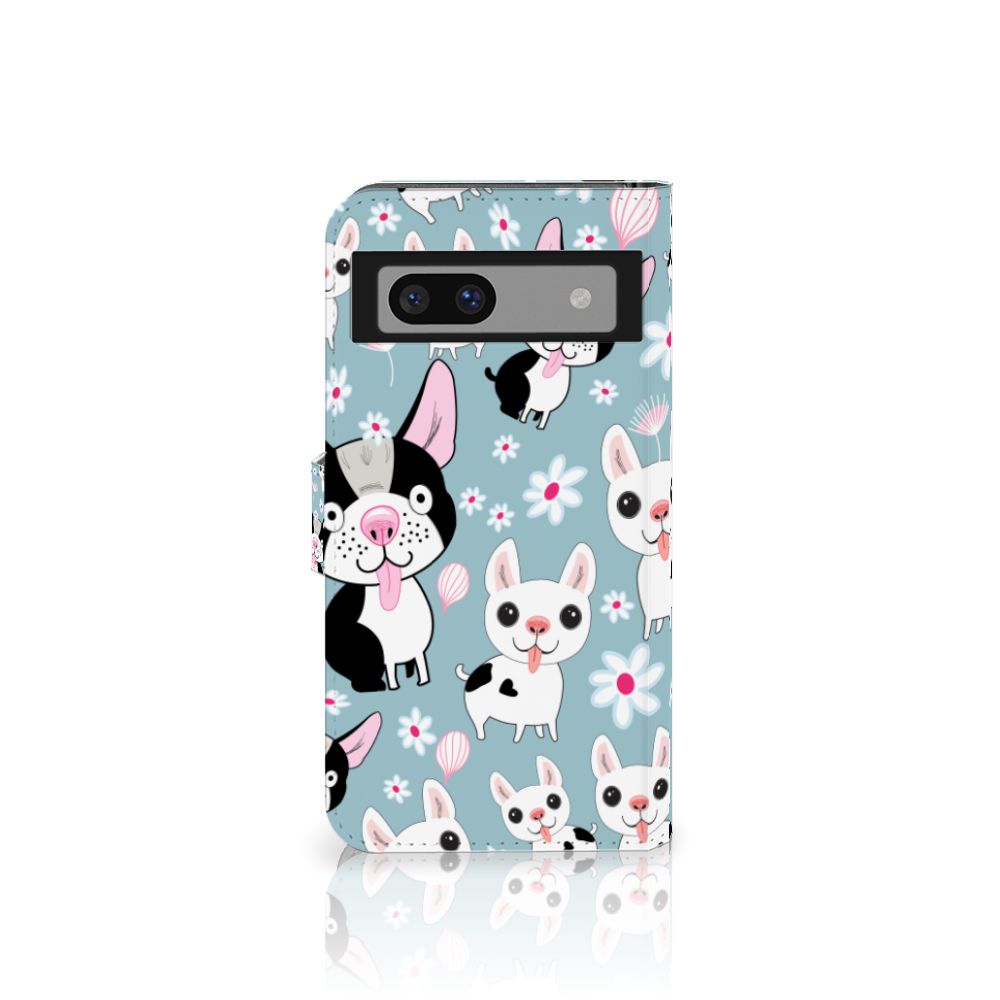 Google Pixel 7A Telefoonhoesje met Pasjes Hondjes telefoonhoesje cartoon hondjes ontwerp aanzicht