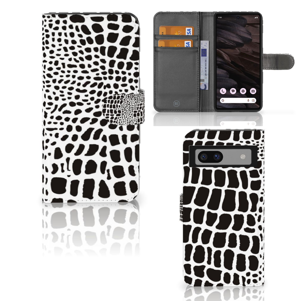 Google Pixel 7A Telefoonhoesje met Pasjes Slangenprint zwart wit boekhoesje aanzicht