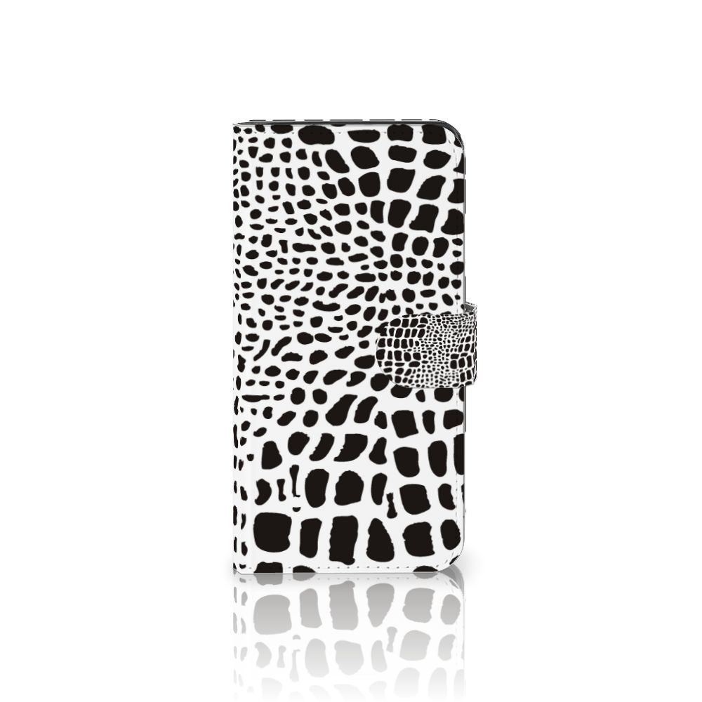 Google Pixel 7A Telefoonhoesje met Pasjes Slangenprint boekhoesje zwart wit voorkant