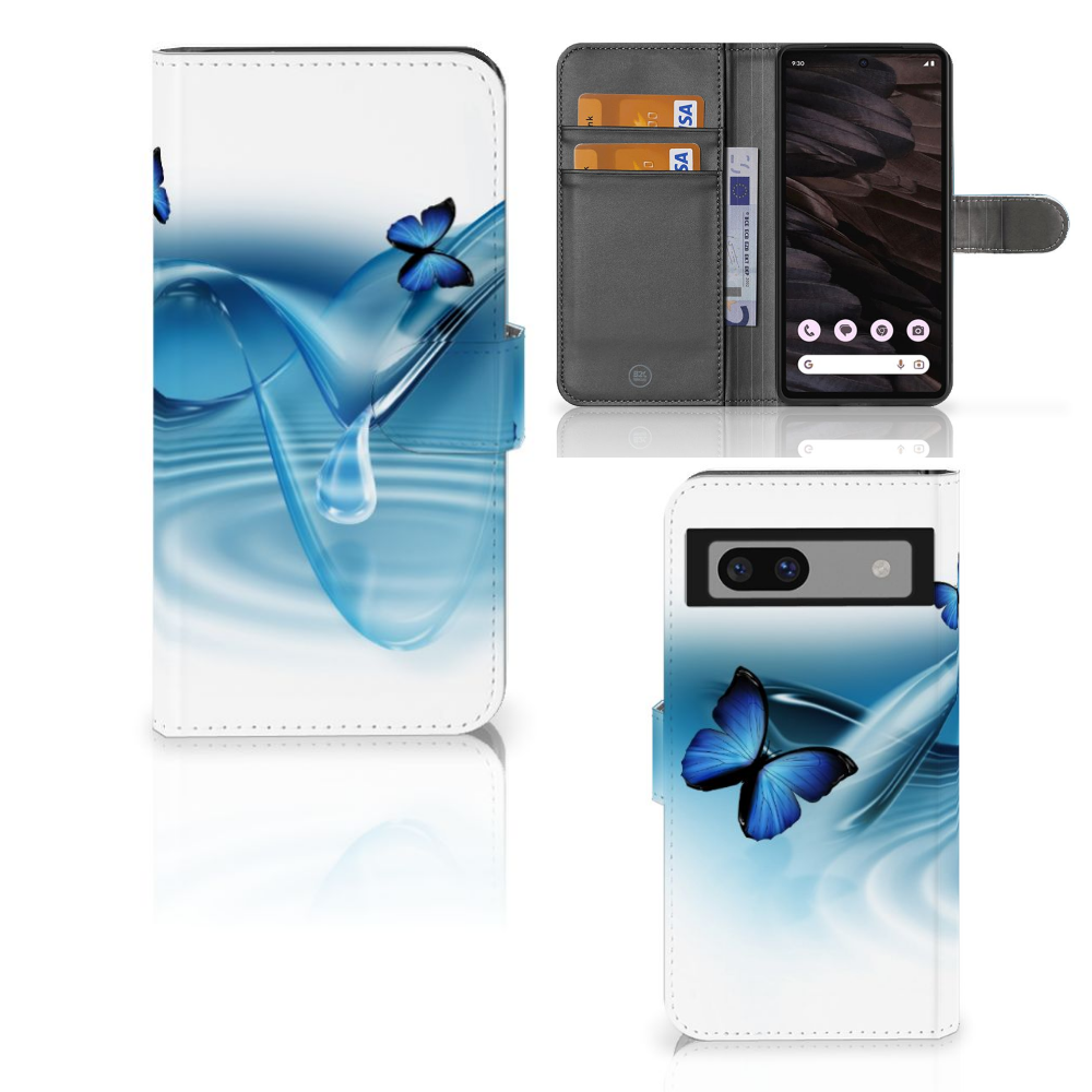 Google Pixel 7A Telefoonhoesje met Pasjes Vlinders boekstyle design blauw vlinders aanzicht