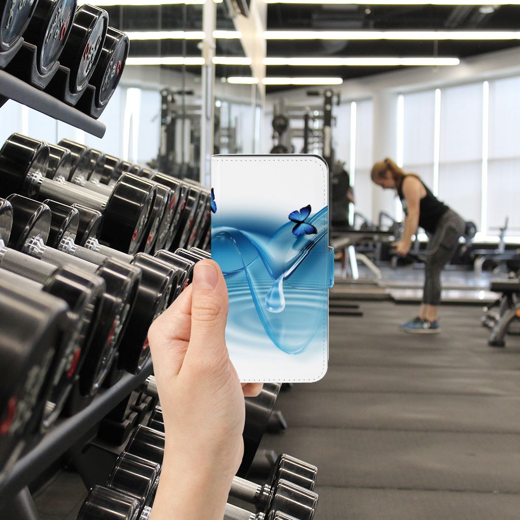 Google Pixel 7A Telefoonhoesje met Pasjes Vlinders design blauw vlinders aanzicht