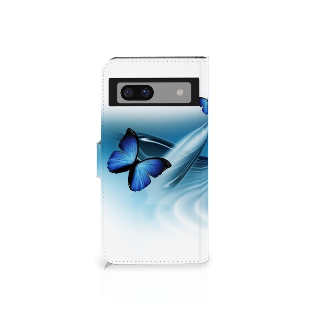 Google Pixel 7A Telefoonhoesje met Pasjes Vlinders bookstyle case blauwe vlinders aanzicht