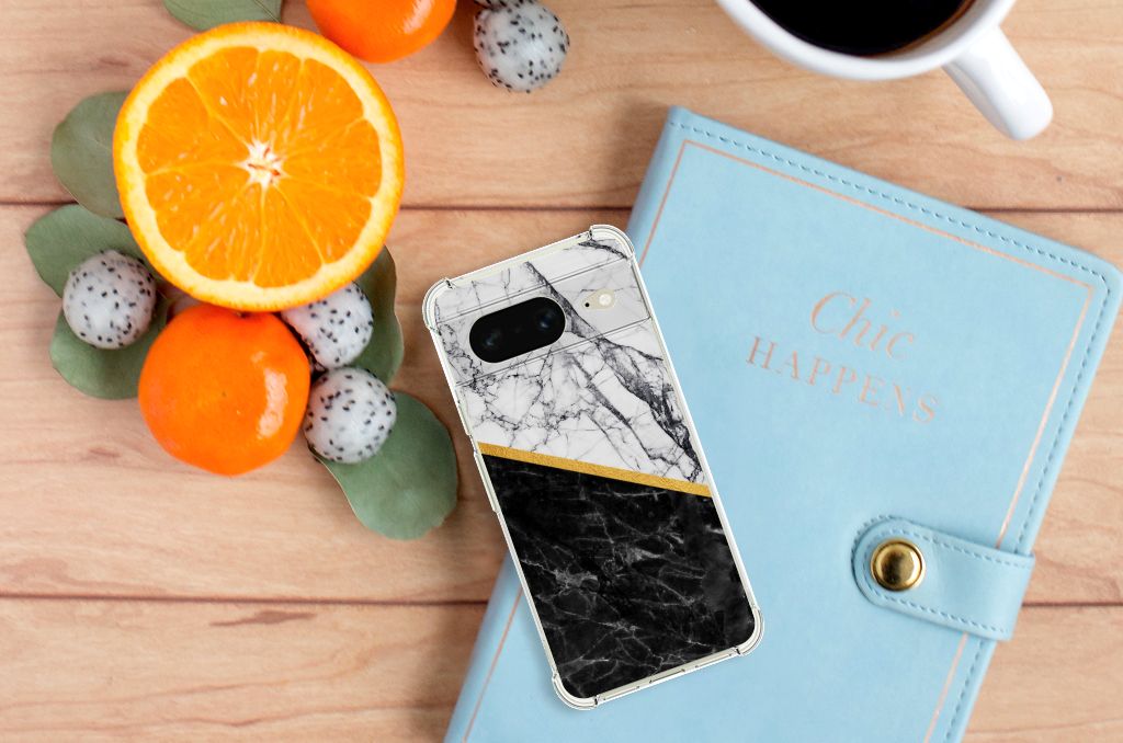 Google Pixel 8 Anti-Shock Hoesje Marmer Wit Zwart - Origineel Cadeau Man B2C Telecom