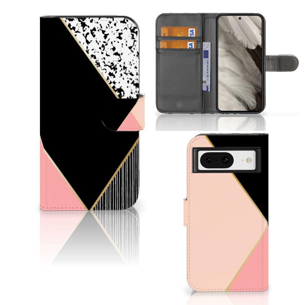 Google Pixel 8 Book Case Zwart Roze Vormen boekcase geometrisch voorkant binnenkant