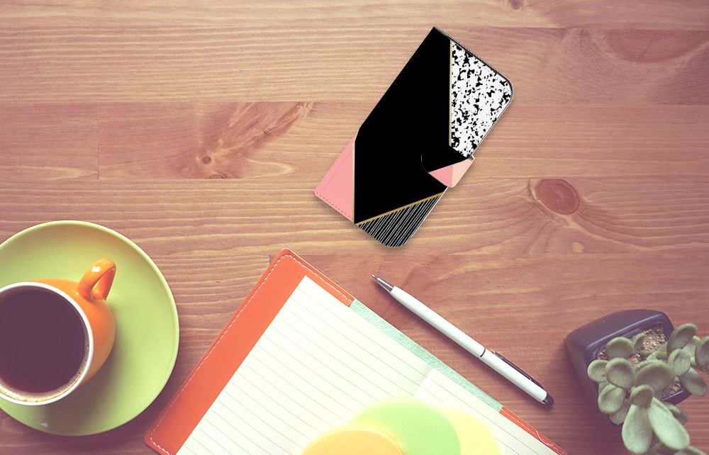 Google Pixel 8 Book Case Zwart Roze Vormen geometrisch design bovenaanzicht