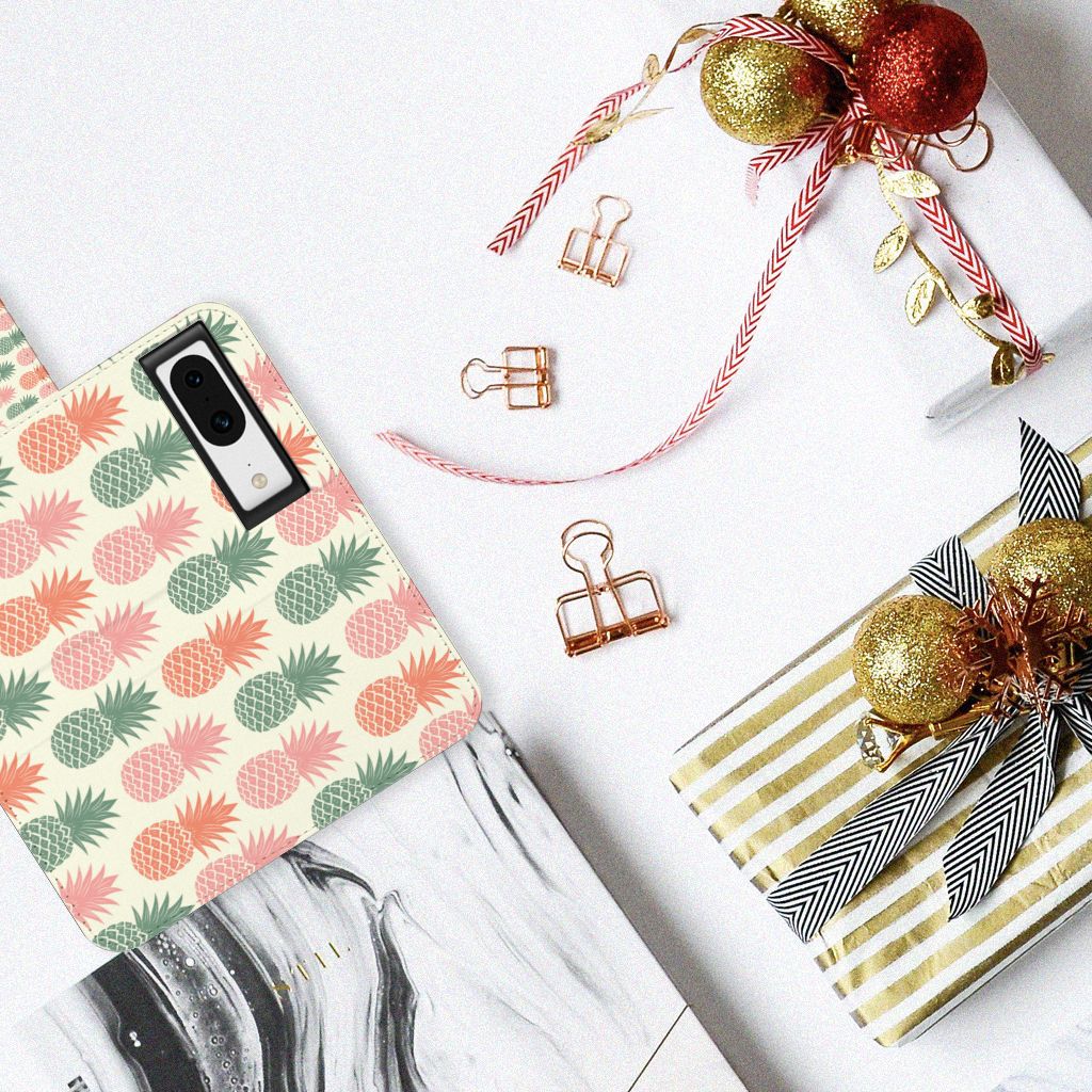Google Pixel 8 Book Cover Ananas telefoonhoesje ananas design bovenaanzicht