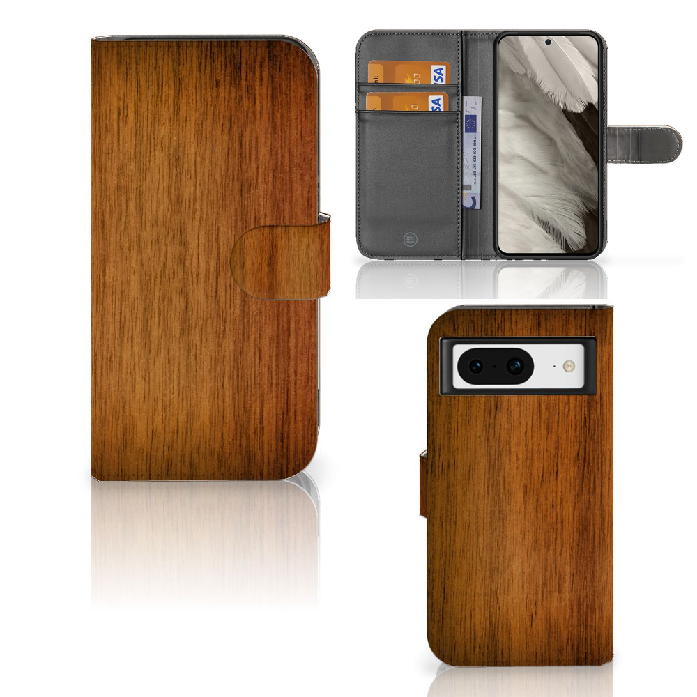 Google Pixel 8 Book Style Case Donker Hout bookstyle case houtprint aanzicht