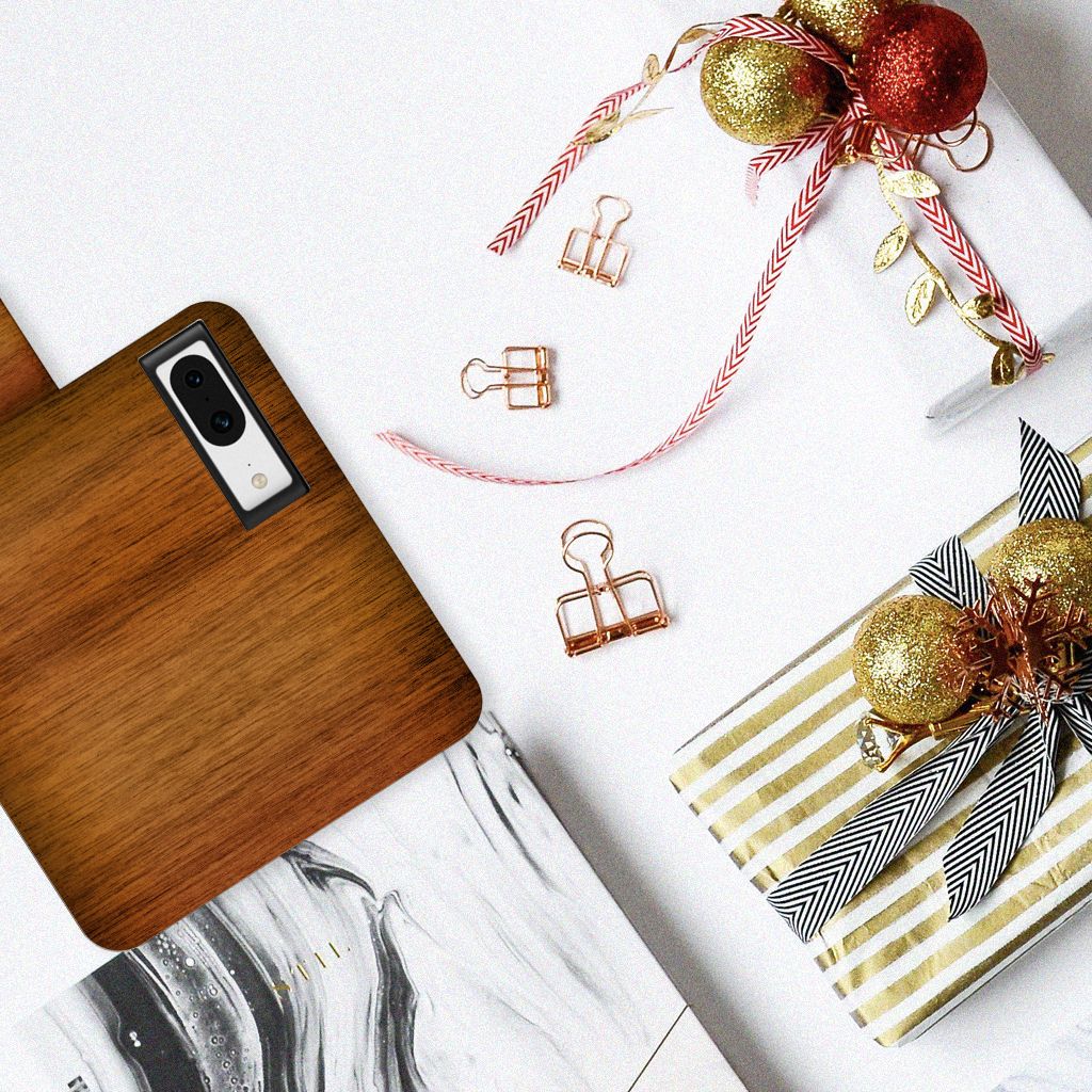 Google Pixel 8 Book Style Case Donker Hout bovenaanzicht houten hoesje decoratief