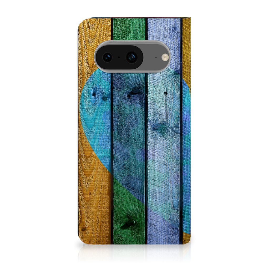 Google Pixel 8 Book Wallet Case Wood Heart cadeau voor je vriend design hartje kleurrijk