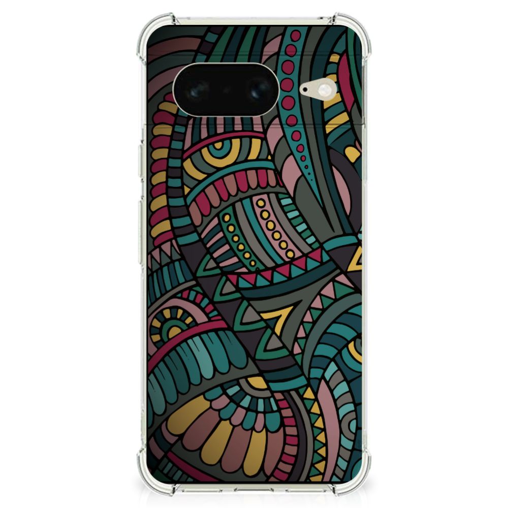 Google Pixel 8 Doorzichtige Silicone Hoesje Aztec ontwerp kleurrijk patroon aanzicht