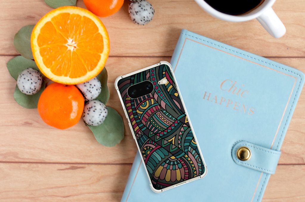 Google Pixel 8 Doorzichtige Silicone Hoesje Aztec bovenaanzicht met fruit en notitieboek