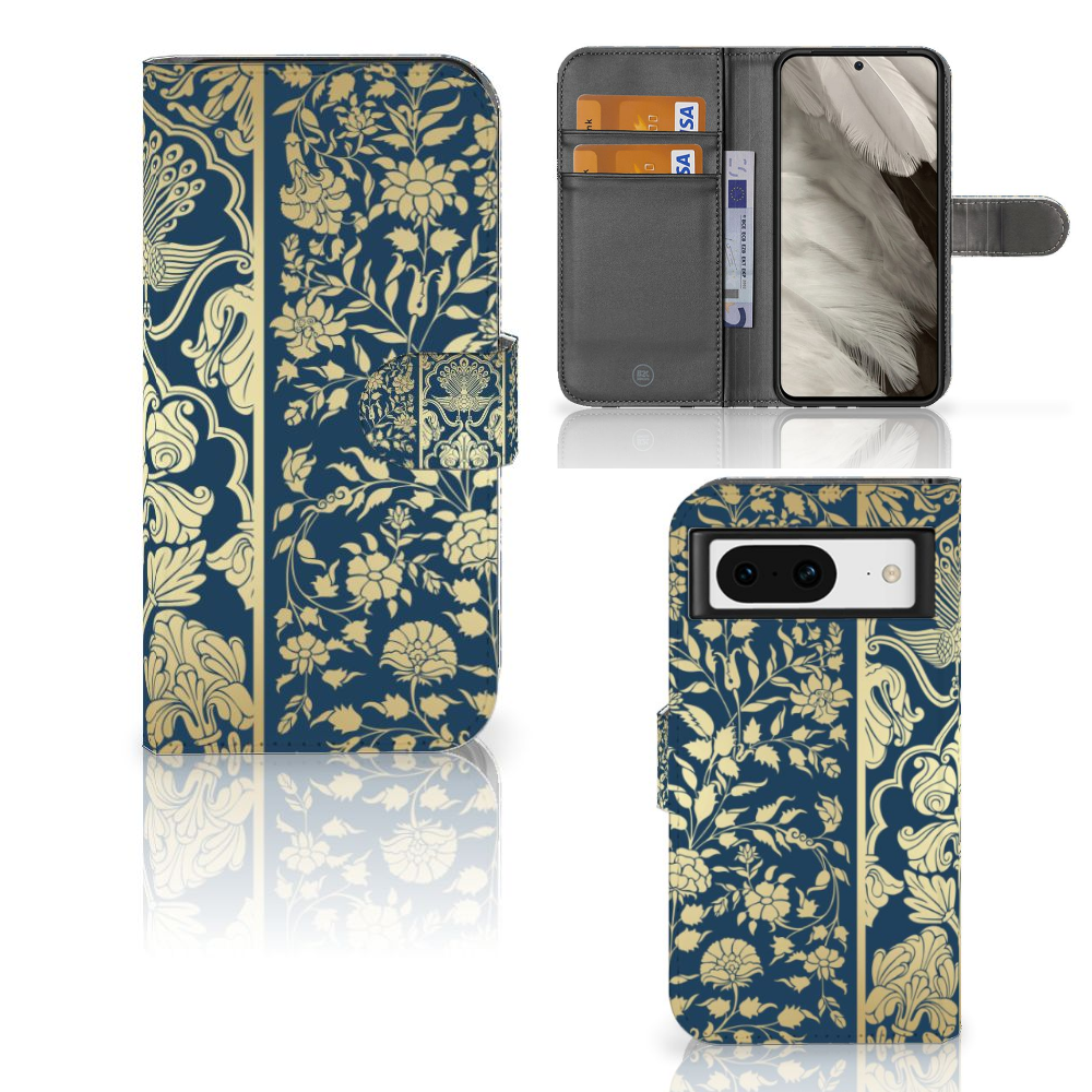Google Pixel 8 Hoesje Beige Flowers bookcase met beige bloemen donkerblauwe achtergrond aanzicht