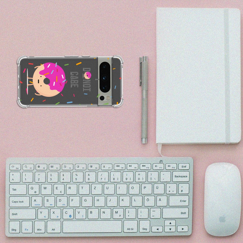 Google Pixel 8 Pro Beschermhoes Donut Roze bovenaanzicht toetsenbord notitieboek muis