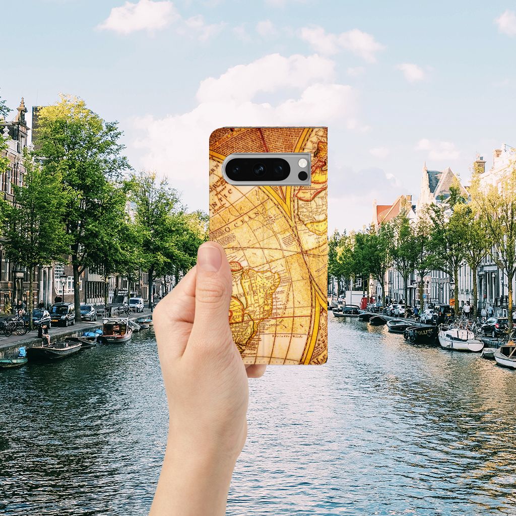 Google Pixel 8 Pro Book Cover Kompas met vintage kaartontwerp, ideaal als cadeau voor stijl en bescherming!