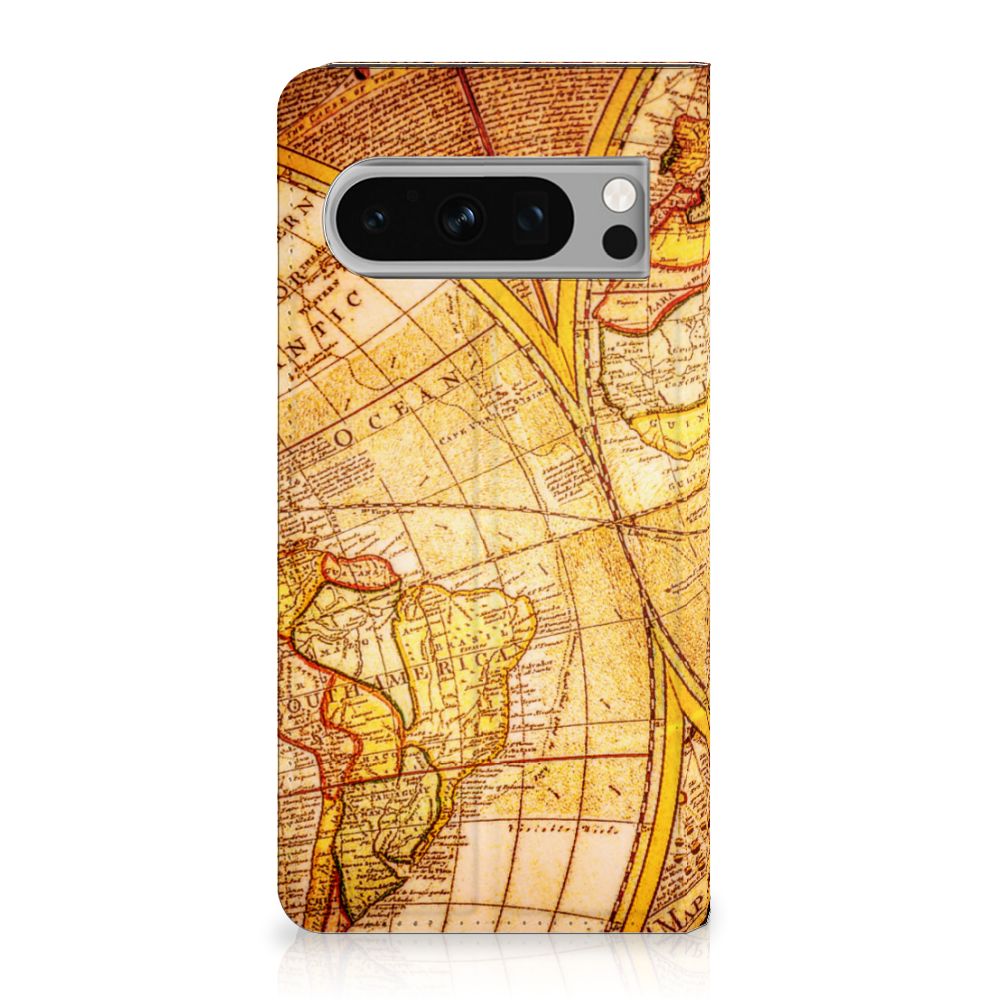 Google Pixel 8 Pro Book Cover Kompas met vintage wereldkaart design voor stijl en bescherming 🗺️.