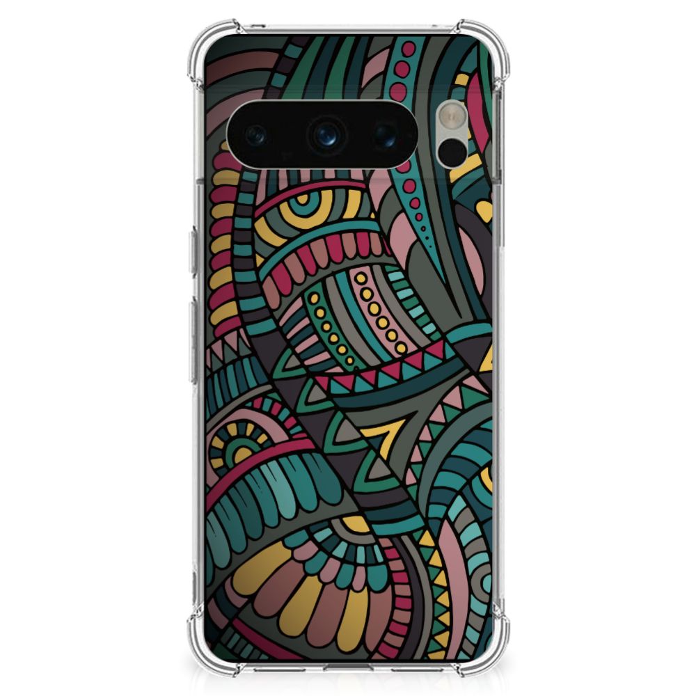 Google Pixel 8 Pro Doorzichtige Silicone Hoesje Aztec achterkant kleurrijk patroon