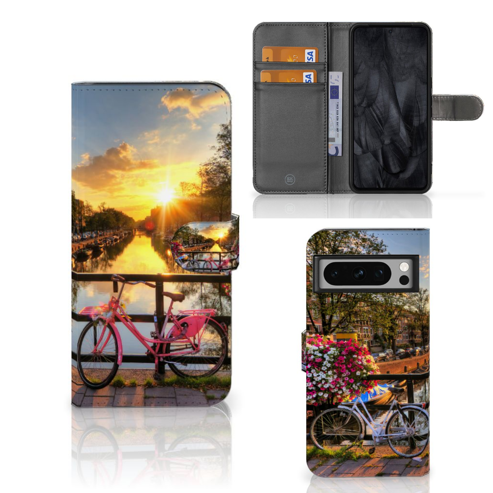 Google Pixel 8 Pro Flip Cover Amsterdamse Grachten flip cover design fiets uitzicht