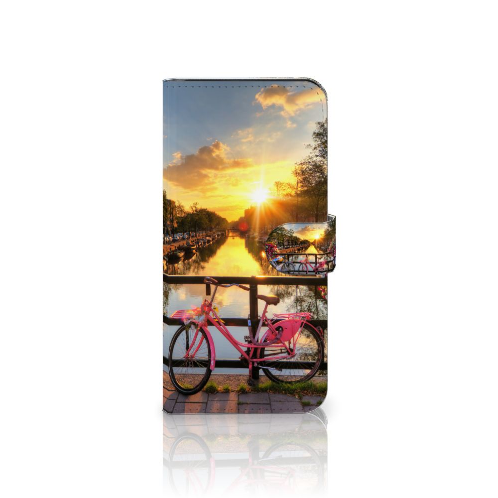 Google Pixel 8 Pro Flip Cover Amsterdamse Grachten fiets zonsondergang ontwerp vooraanzicht
