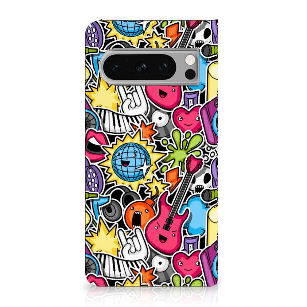 Google Pixel 8 Pro Hippe Standcase Punk Rock kleurrijke graffiti design achteraanzicht