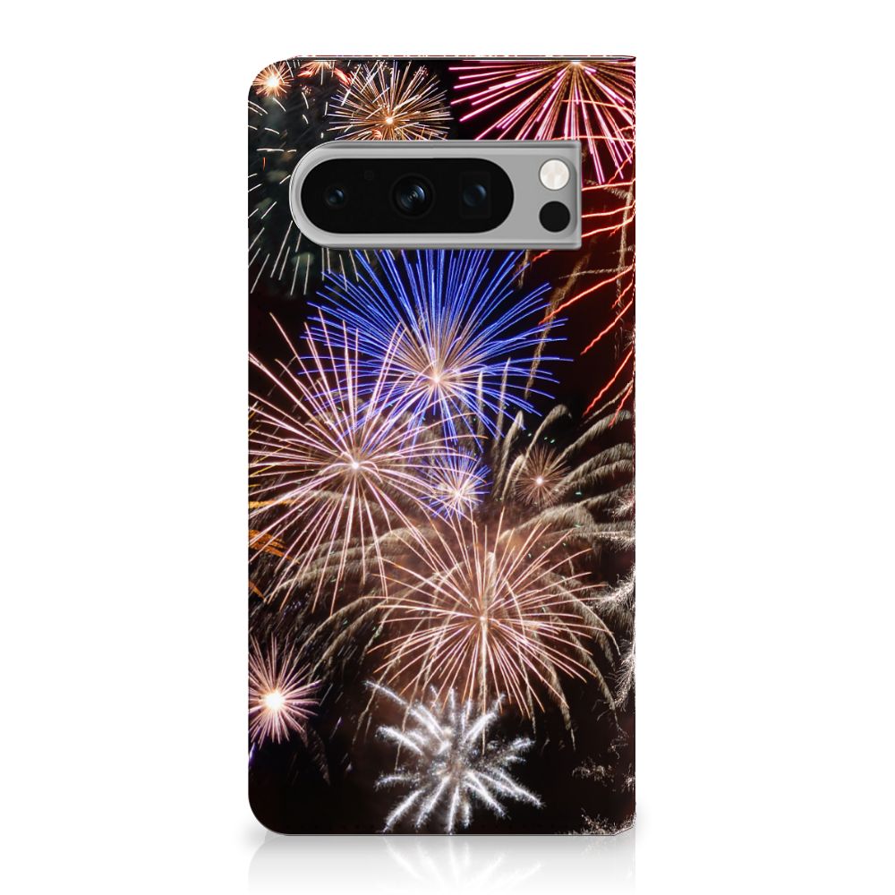 Google Pixel 8 Pro Hippe Standcase Vuurwerk siervuurwerk kleurrijk ontwerp voorzijde