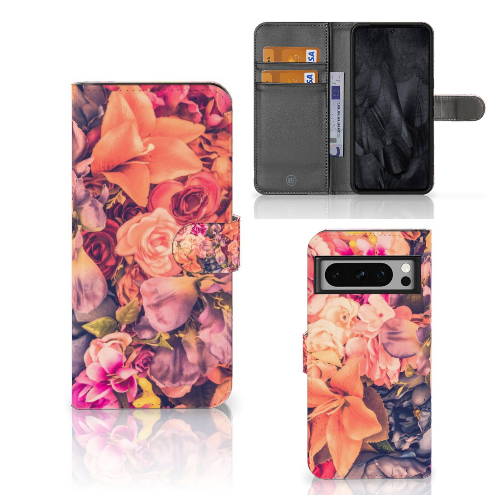 Google Pixel 8 Pro Hoesje Bosje Bloemen bloemen roze oranje paars design voorzijde binnenzijde