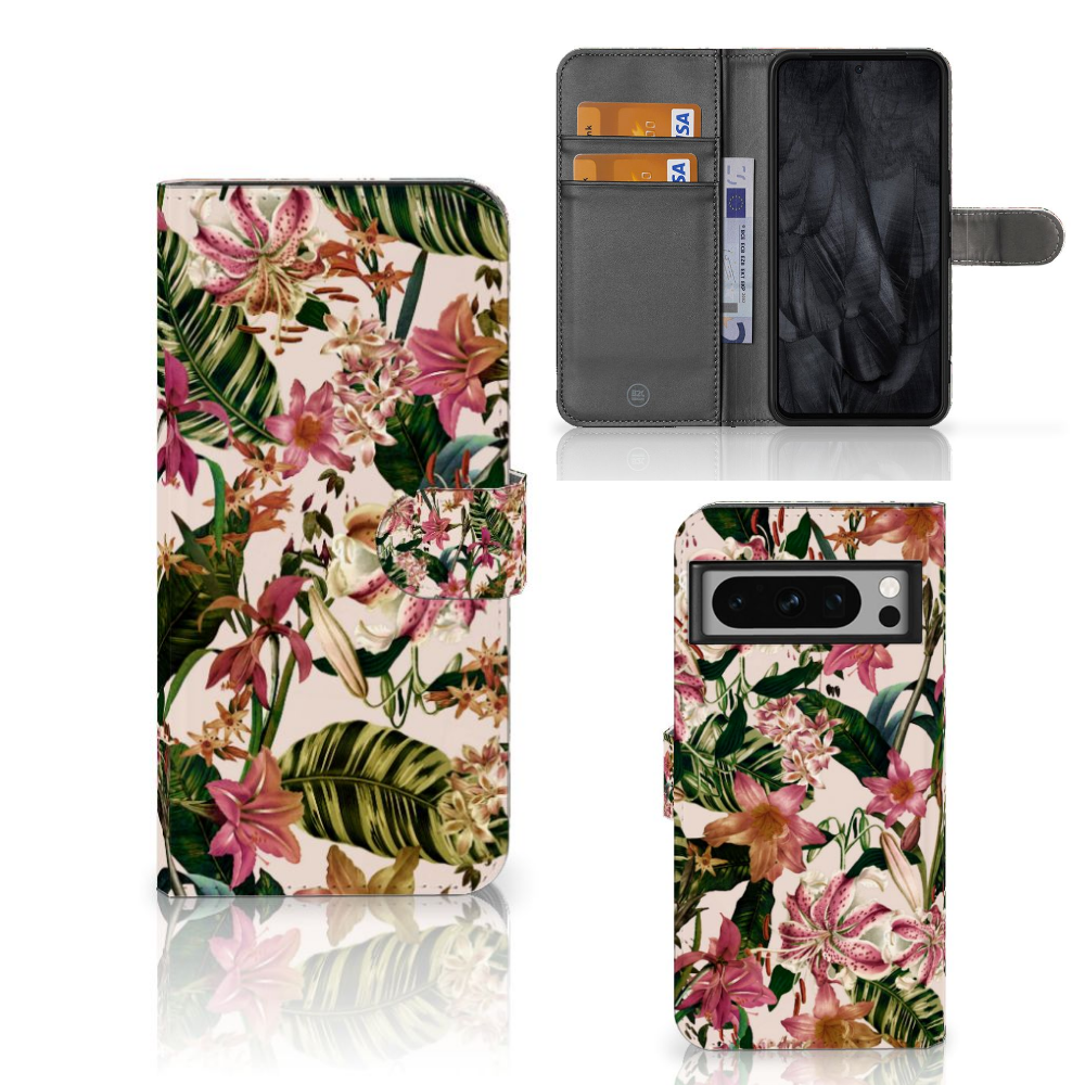 Google Pixel 8 Pro Hoesje Flowers hoesje bloemen design voorzijde achterzijde