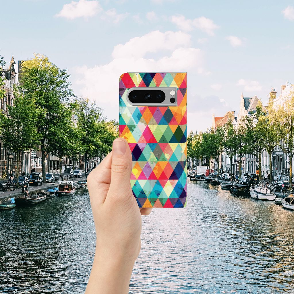 Google Pixel 8 Pro Hoesje met Magneet Geruit kleurrijk design aanzicht