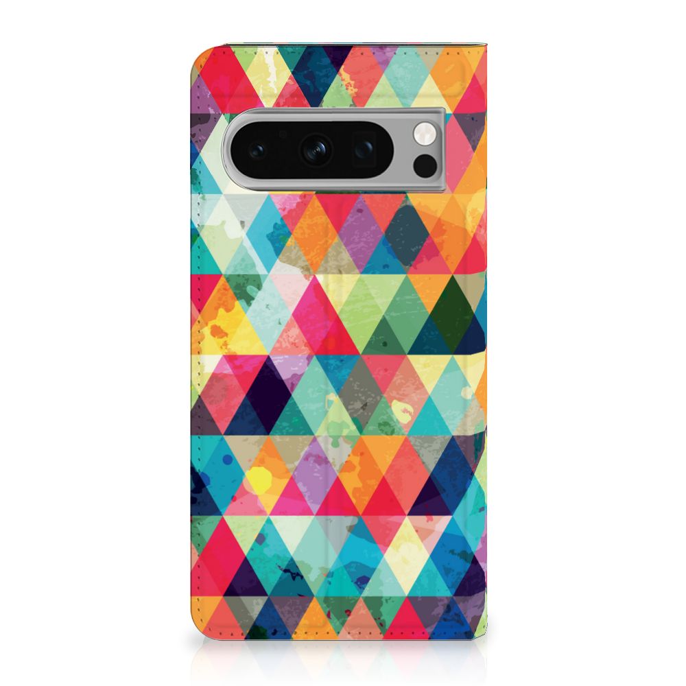 Google Pixel 8 Pro Hoesje met Magneet Geruit design kleurige driehoeken aanzicht