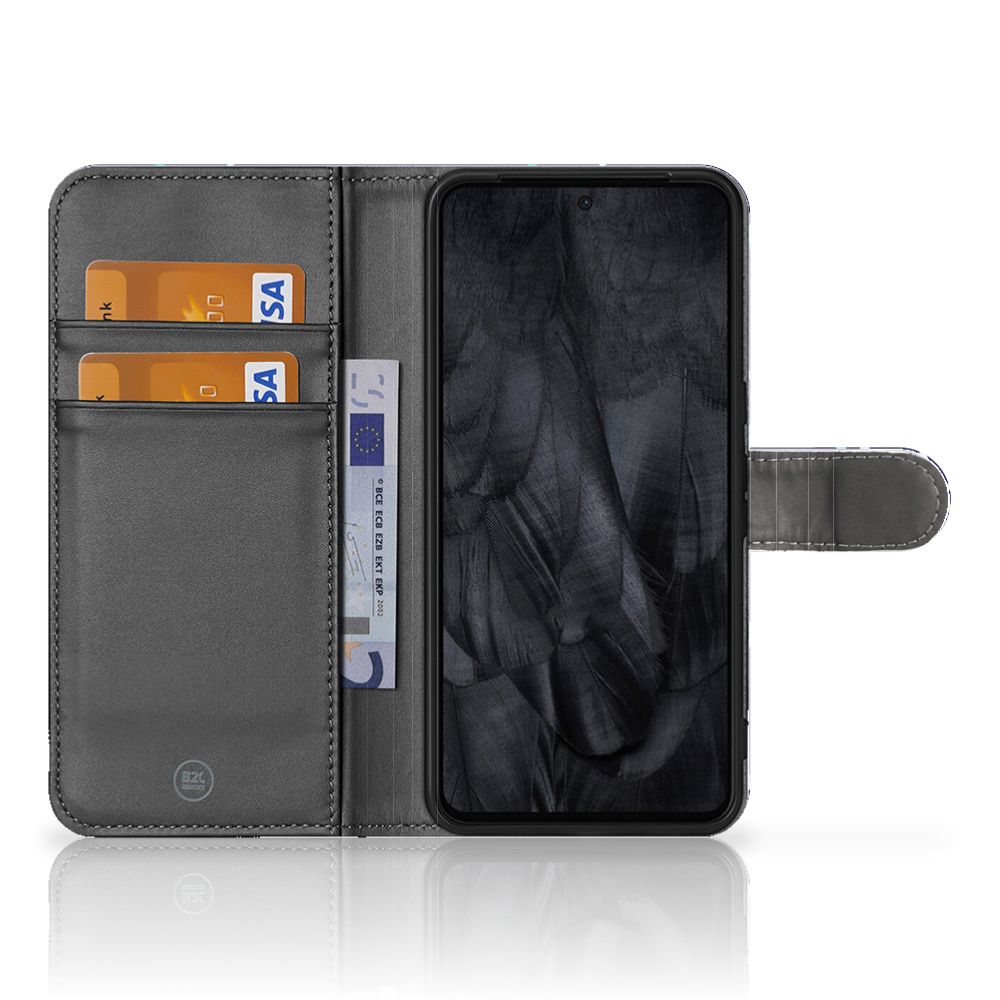 Google Pixel 8 Pro Portemonnee Hoesje Flowers Blue DTMP binnenkant met vakjes voor pasjes en telefoon