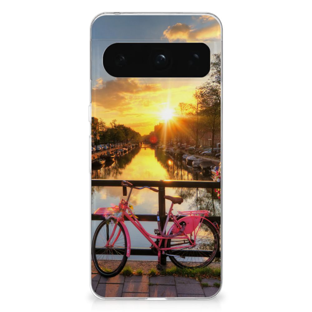 Google Pixel 8 Pro Siliconen Back Cover Amsterdamse Grachten fiets zonsondergang kanaal
