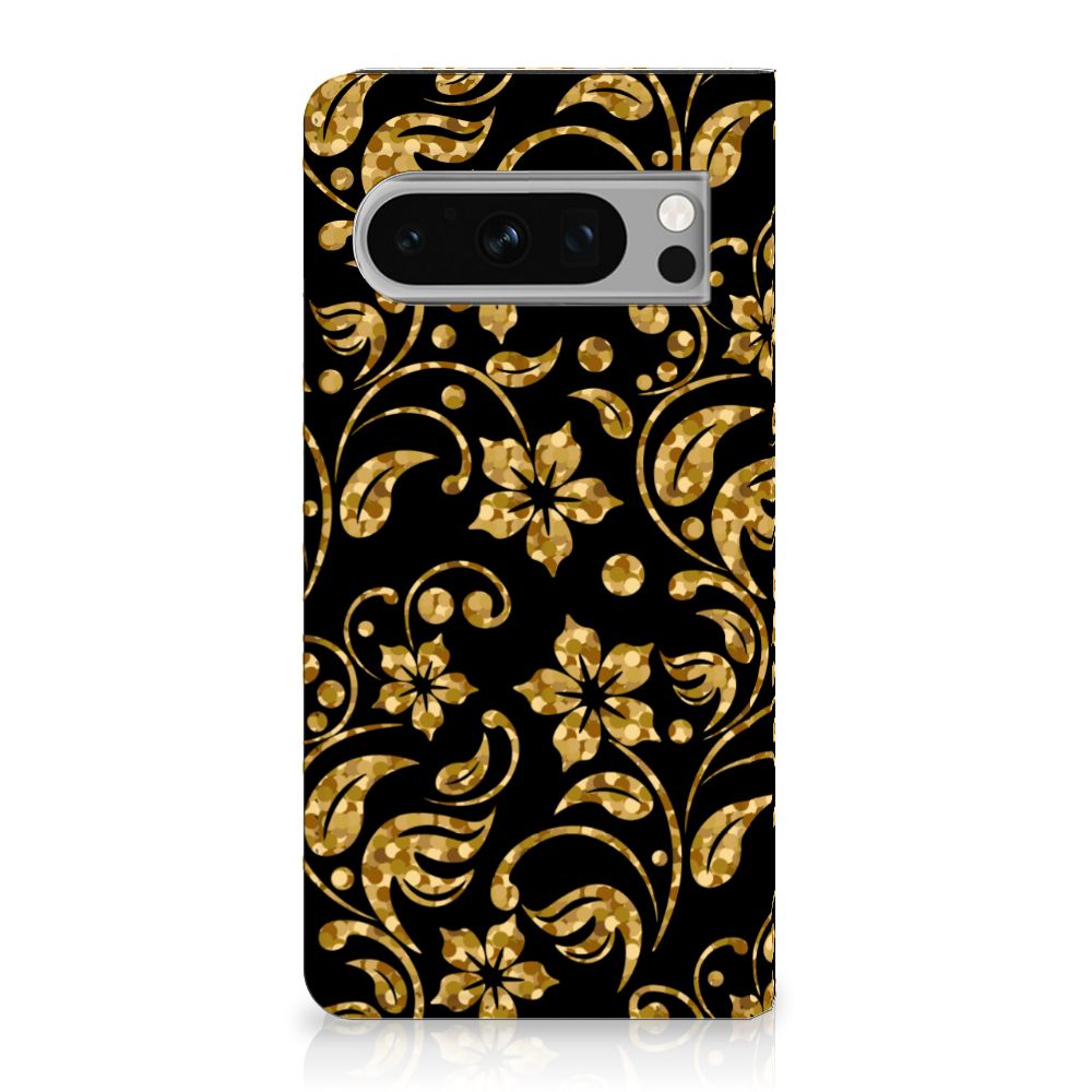 Google Pixel 8 Pro Smart Cover Gouden Bloemen voorkant zwart gouden bloemen