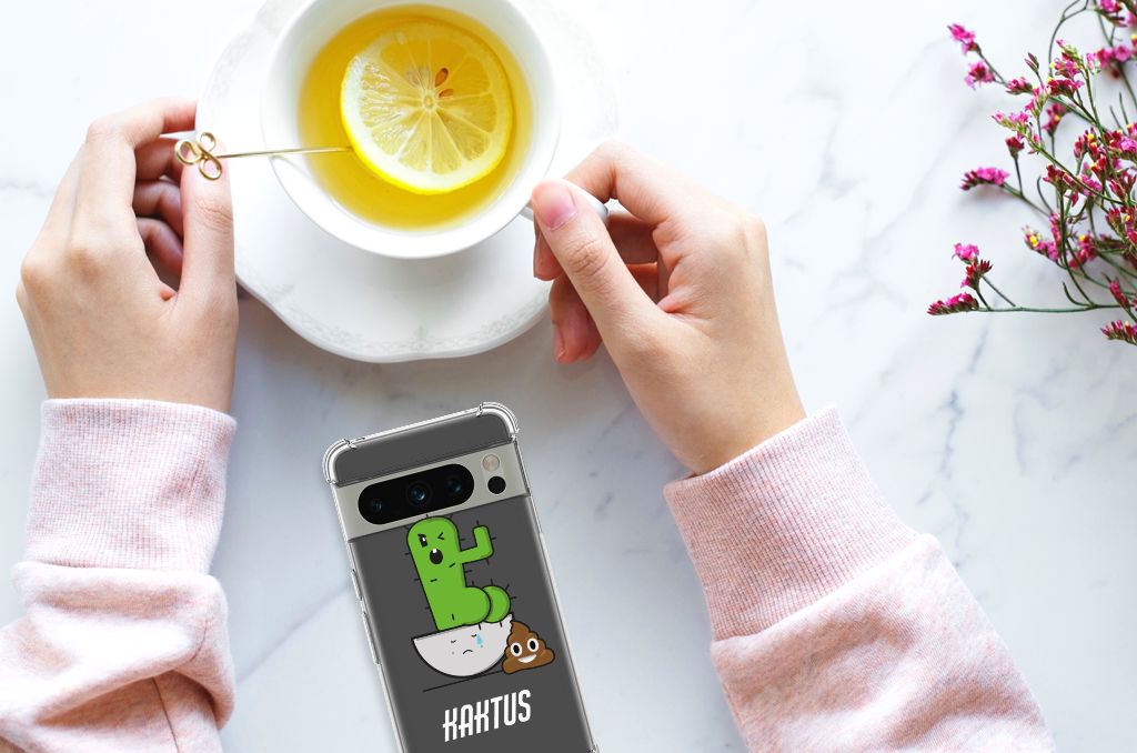 Google Pixel 8 Pro Stevig Bumper Hoesje Cactus Poo design met handen en thee