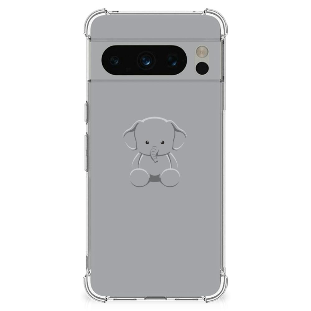 Google Pixel 8 Pro Stevig Bumper Hoesje Grijs Baby Olifant achterkant